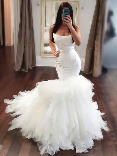 Trumpet/Mermaid Straight Tulle Sweep Train Wedding Dresses With Cascading Ruffles #Milly00024355