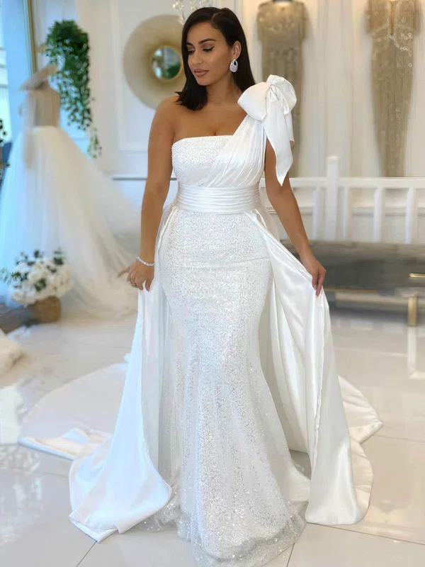 Trumpet/Mermaid One Shoulder Silk-like Satin Lace Sweep Train Wedding Dresses With Bow #Milly00024357