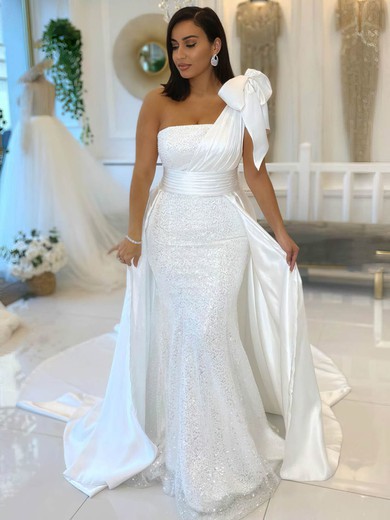 Trumpet/Mermaid One Shoulder Silk-like Satin Glitter Sweep Train Bow Wedding Dresses #Milly00024357