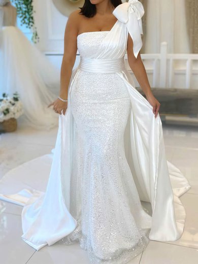 Trumpet/Mermaid One Shoulder Silk-like Satin Lace Sweep Train Wedding Dresses With Bow #Milly00024357