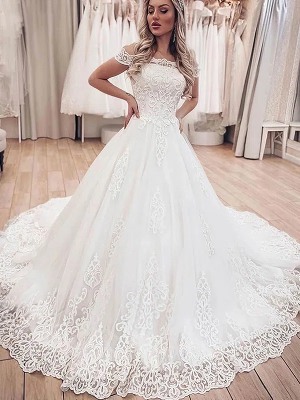 Ball Gown Off-the-shoulder Lace Court Train Wedding Dresses #Milly00024360