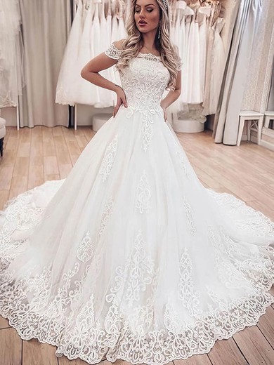 A-line Off-the-shoulder Lace Court Train Wedding Dresses #Milly00024360