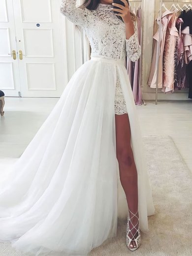 A-line High Neck Lace Tulle Sweep Train Split Front Wedding Dresses #Milly00024363