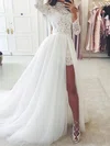 A-line High Neck Lace Tulle Sweep Train Split Front Wedding Dresses #Milly00024363