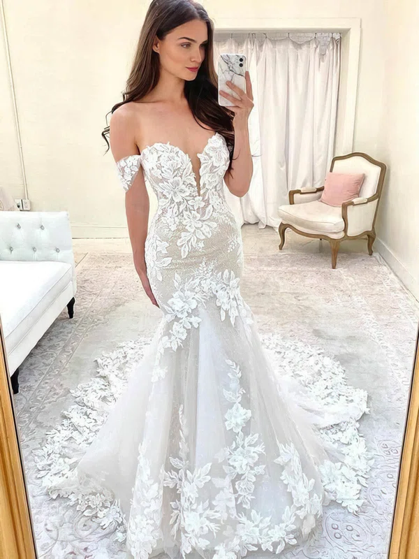 Trumpet/Mermaid Off-the-shoulder Tulle Sweep Train Wedding Dresses With Appliques Lace #Milly00024369