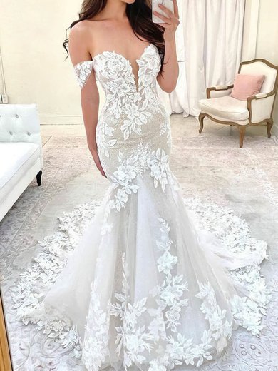 Trumpet/Mermaid Off-the-shoulder Tulle Sweep Train Wedding Dresses With Appliques Lace #Milly00024369