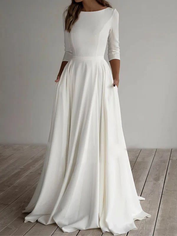 A-line Scoop Neck Chiffon Sweep Train Wedding Dresses With Pockets #Milly00024370