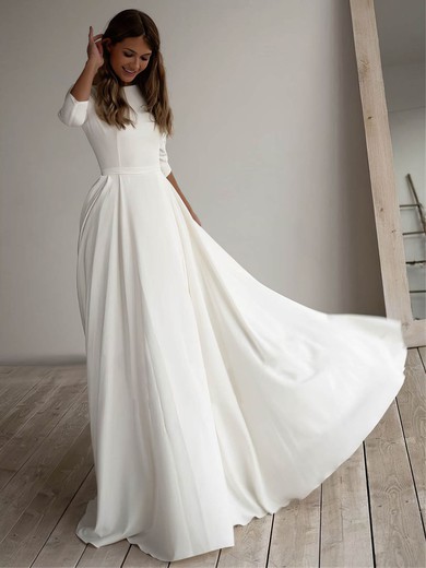 A-line Scoop Neck Chiffon Sweep Train Pockets Wedding Dresses #Milly00024370