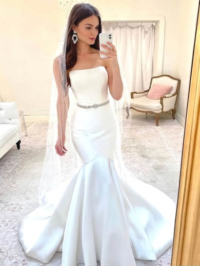 Trumpet/Mermaid Straight Satin Sweep Train Wedding Dresses With Beading #Milly00024371