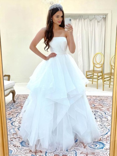 A-line Strapless Tulle Sweep Train Cascading Ruffles Wedding Dresses #Milly00024373