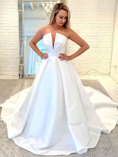 A-line Strapless Satin Court Train Wedding Dresses #Milly00024375