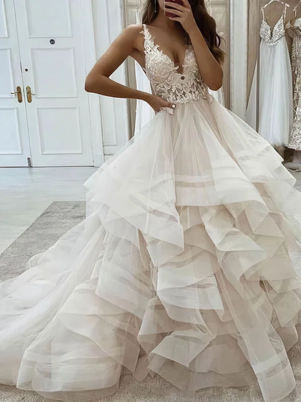 Ball Gown/Princess V-neck Tulle Court Train Appliques Lace Wedding Dresses #Milly00024376