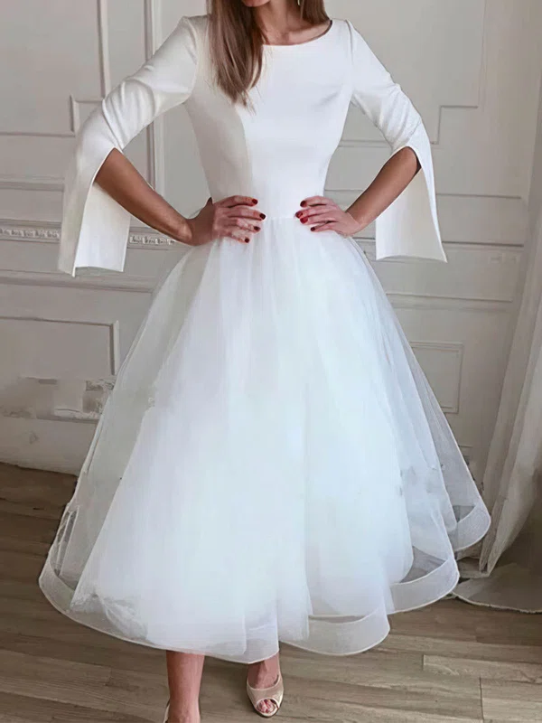 Ball Gown/Princess Scoop Neck Tulle Stretch Crepe Tea-length Wedding Dresses #Milly00024380