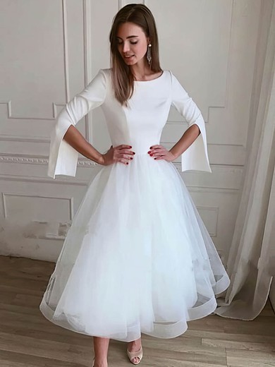 A-line Scoop Neck Tulle Stretch Crepe Tea-length Wedding Dresses #Milly00024380