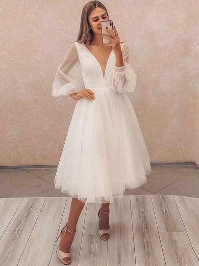 Ball Gown V-neck Tulle Tea-length Wedding Dresses #Milly00024382