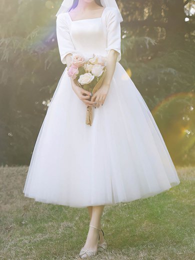 Ball Gown/Princess Square Neckline Tulle Tea-length Wedding Dresses With Pockets #Milly00024383