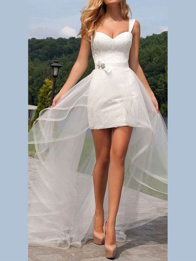 Sheath/Column Sweetheart Tulle Lace Sweep Train Wedding Dresses With Sashes / Ribbons #Milly00024386