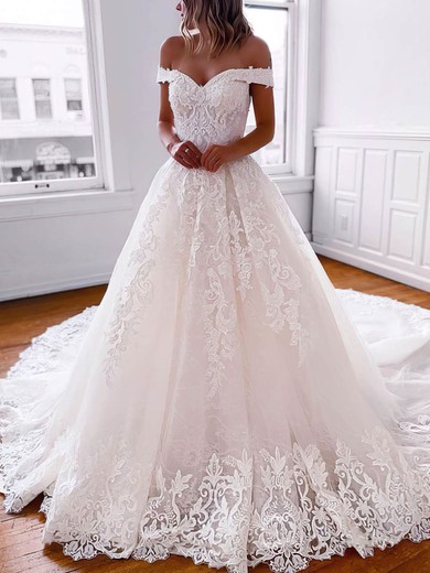 Ball Gown Off-the-shoulder Tulle Court Train Beading Wedding Dresses #Milly00024388