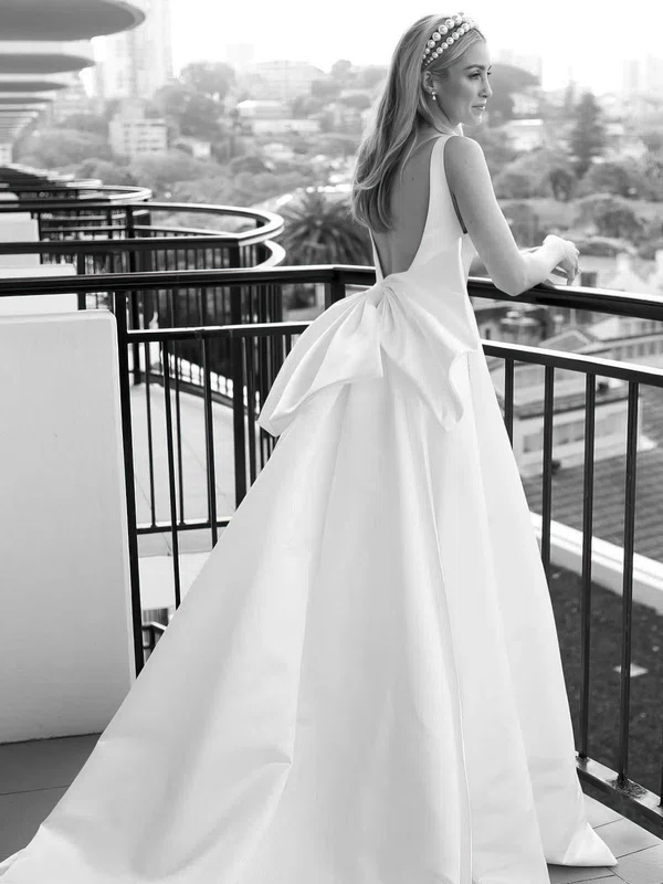 Ball Gown V-neck Satin Chapel Train Wedding Dresses With Bow #Milly00024392