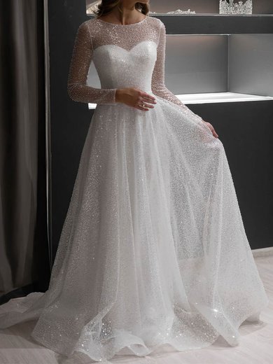 A-line Illusion Glitter Sweep Train Wedding Dresses #Milly00024395