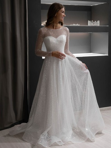 A-line Scoop Neck Glitter Sweep Train Wedding Dresses #Milly00024395