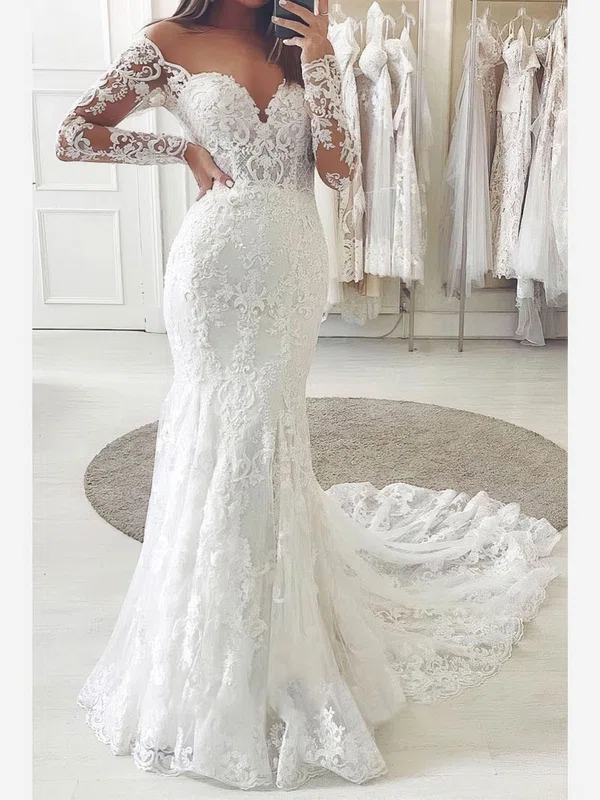 Trumpet/Mermaid Scoop Neck Tulle Sweep Train Appliques Lace Wedding Dresses #Milly00024396