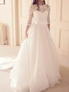 A-line Illusion Lace Chiffon Sweep Train Wedding Dresses With Sashes / Ribbons #Milly00024397