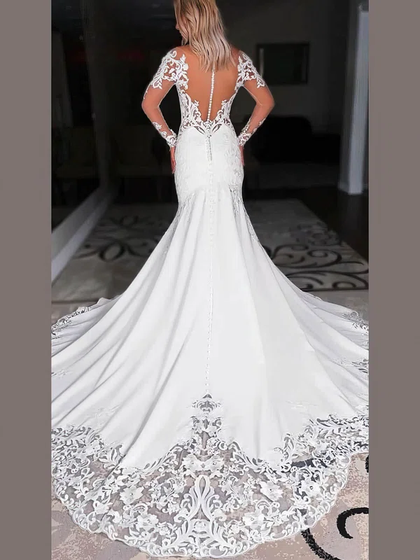 Trumpet/Mermaid Illusion Stretch Crepe Court Train Wedding Dresses With Appliques Lace #Milly00024398