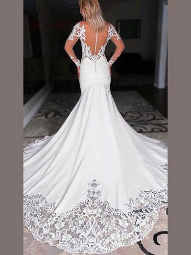 Trumpet/Mermaid Scoop Neck Silk-like Satin Court Train Appliques Lace Wedding Dresses #Milly00024398