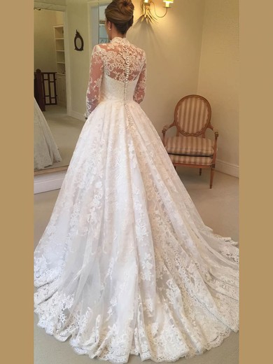 Ball Gown High Neck Tulle Court Train Appliques Lace Wedding Dresses #Milly00024400