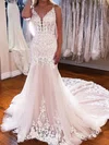 Trumpet/Mermaid V-neck Tulle Court Train Wedding Dresses With Appliques Lace #Milly00024402