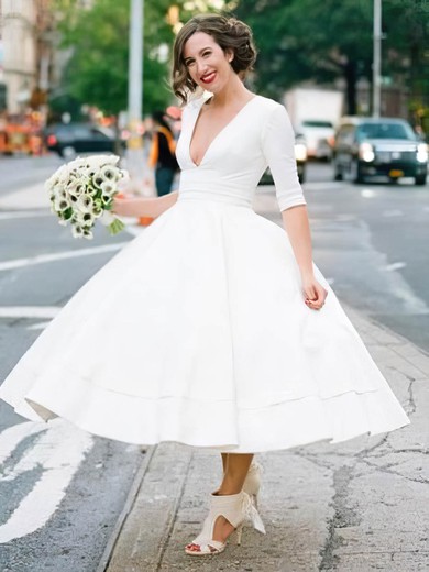 Ball Gown V-neck Satin Tea-length Wedding Dresses #Milly00024408