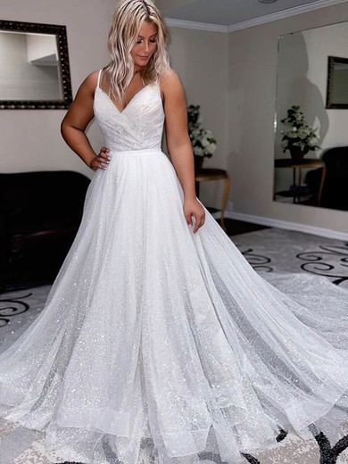 Ball Gown V-neck Glitter Court Train Wedding Dresses With Appliques Lace #Milly00024410