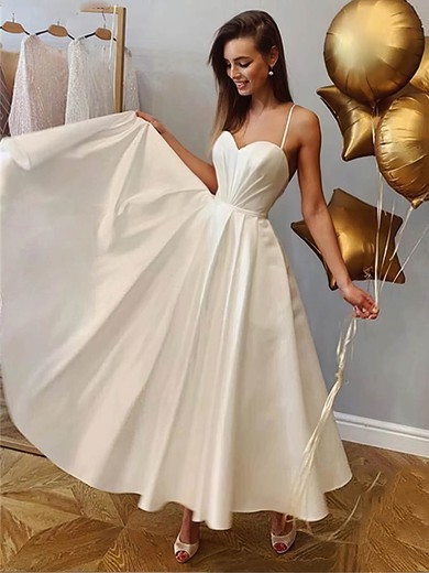 A-line Sweetheart Silk-like Satin Ankle-length Ruffles Wedding Dresses #Milly00024411