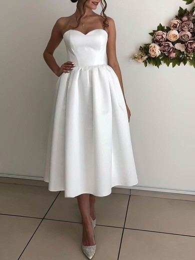 A-line Sweetheart Silk-like Satin Tea-length Wedding Dresses #Milly00024412