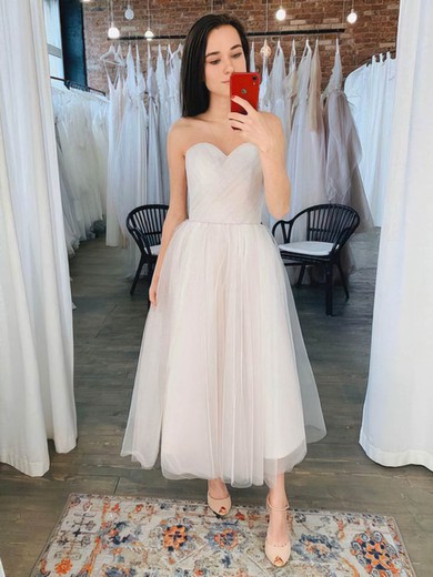 A-line Sweetheart Tulle Tea-length Ruffles Wedding Dresses #Milly00024413