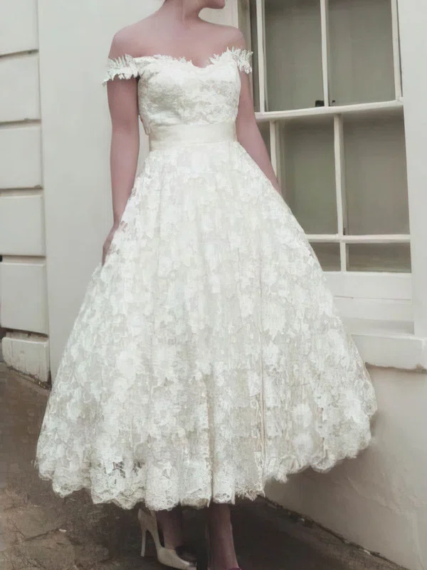 Ball Gown/Princess Off-the-shoulder Lace Tea-length Wedding Dresses With Sashes / Ribbons #Milly00024414