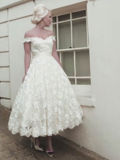 Ball Gown Off-the-shoulder Lace Tea-length Wedding Dresses With Sashes / Ribbons #Milly00024414
