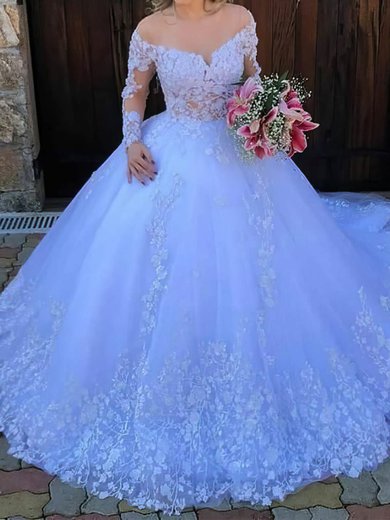 Ball Gown/Princess Illusion Tulle Court Train Wedding Dresses With Appliques Lace #Milly00024416