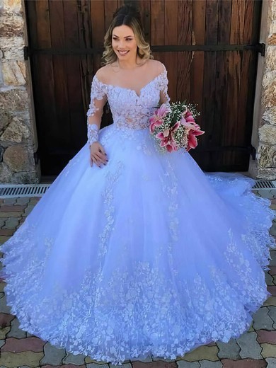 Ball Gown Illusion Tulle Court Train Wedding Dresses With Appliques Lace #Milly00024416