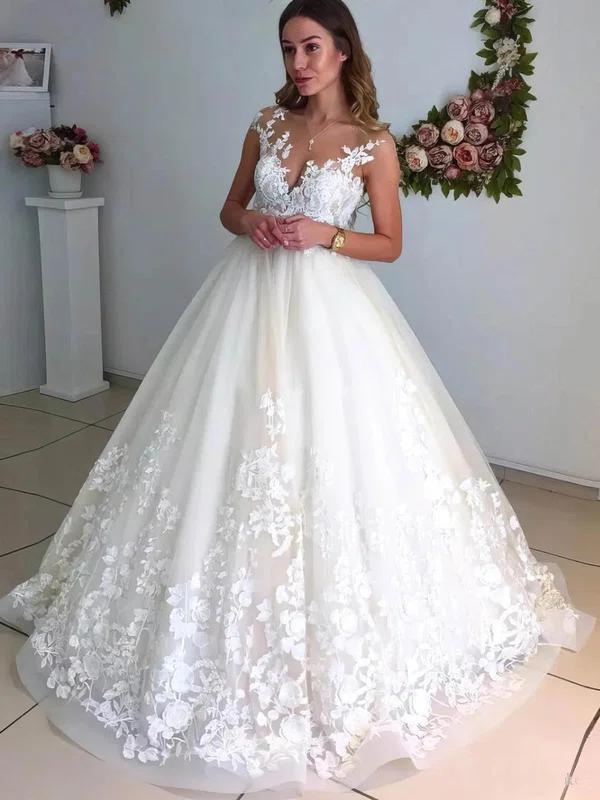 Ball Gown Illusion Tulle Court Train Wedding Dresses With Appliques Lace #Milly00024417