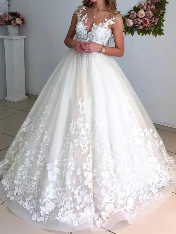 Ball Gown/Princess Illusion Tulle Court Train Wedding Dresses With Appliques Lace #Milly00024417