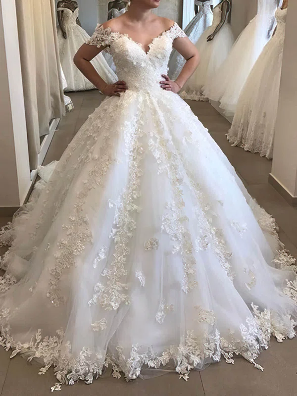 Ball Gown Off-the-shoulder Tulle Court Train Wedding Dresses With Appliques Lace #Milly00024418