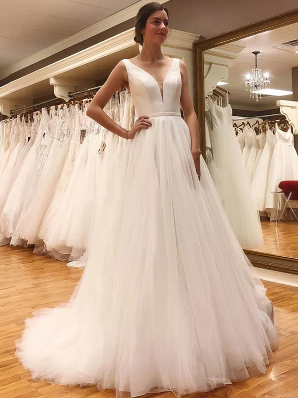 Ball Gown V-neck Tulle Sweep Train Wedding Dresses #Milly00024419