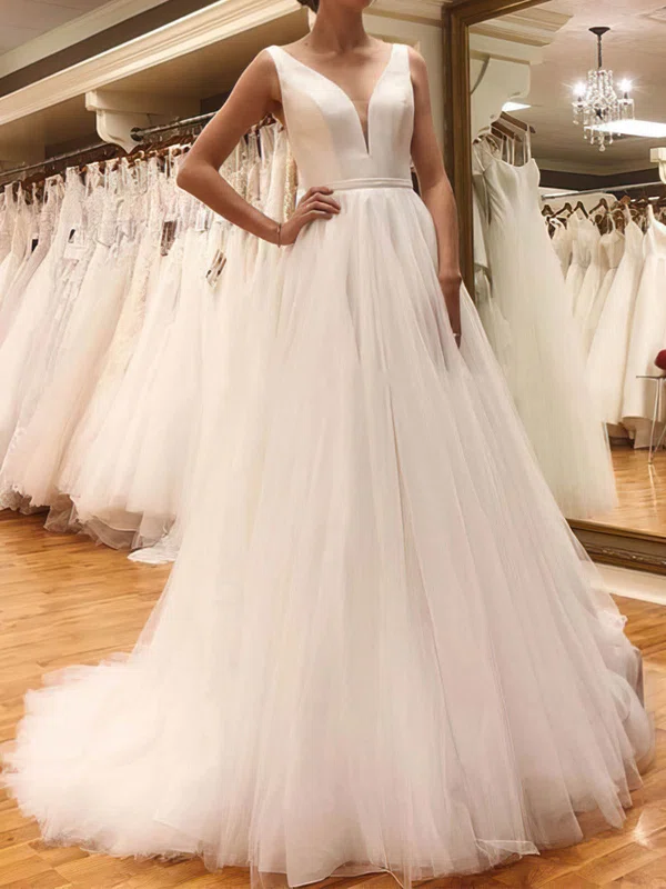 Ball Gown/Princess V-neck Tulle Sweep Train Wedding Dresse #Milly00024419