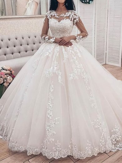 Ball Gown/Princess Illusion Tulle Court Train Wedding Dresses With Appliques Lace #Milly00024421