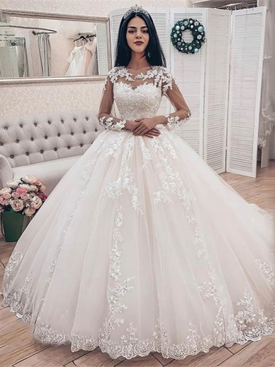 Ball Gown Scoop Neck Tulle Court Train Appliques Lace Wedding Dresses #Milly00024421