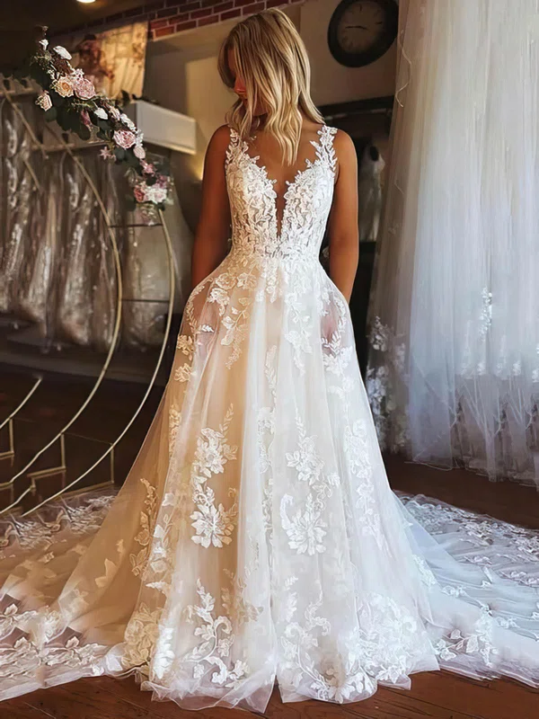 Ball Gown Illusion Tulle Court Train Wedding Dresses With Appliques Lace #Milly00024422