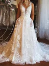 Ball Gown/Princess Illusion Tulle Court Train Wedding Dresses With Appliques Lace #Milly00024422