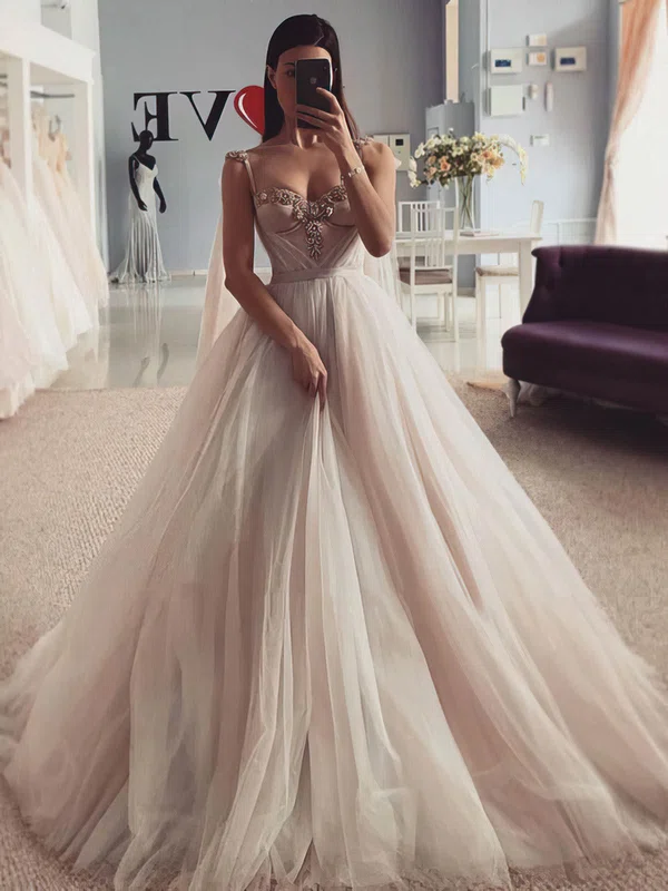 Ball Gown Sweetheart Tulle Court Train Wedding Dresses With Beading #Milly00024423